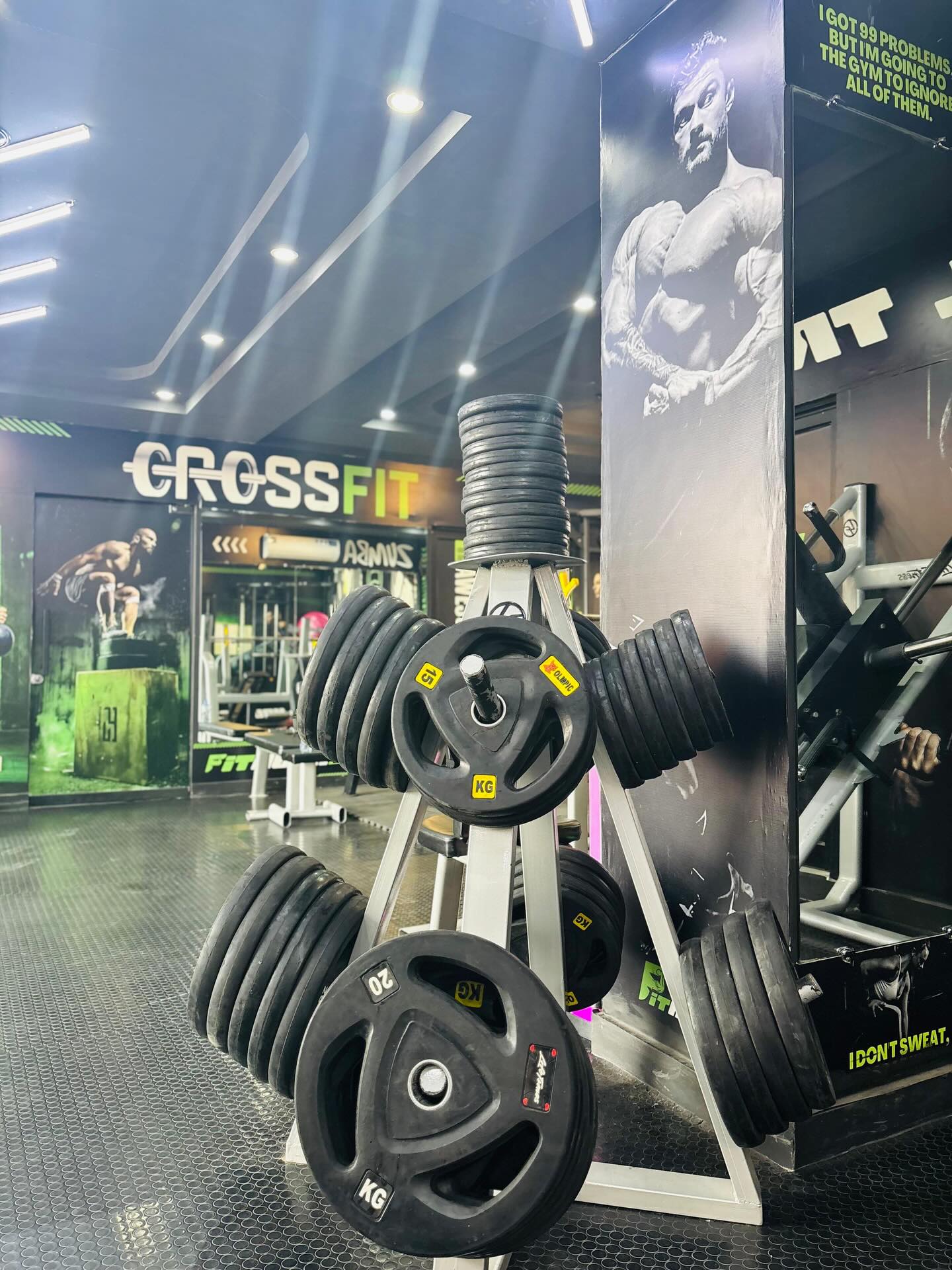 Loaded weight rack on the CrossFit floor