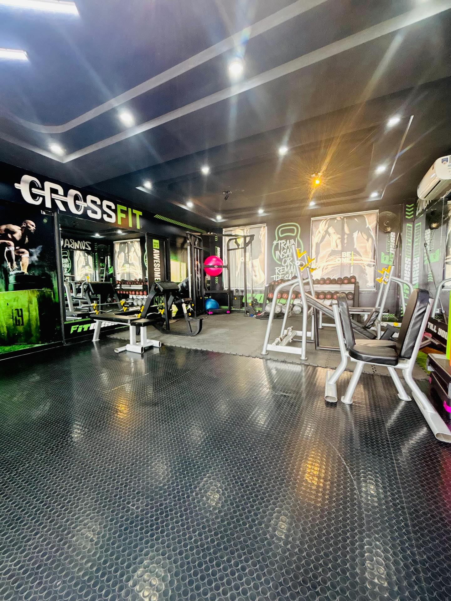 The CrossFit floor at Fitness Nation, lit by overhead LED strips