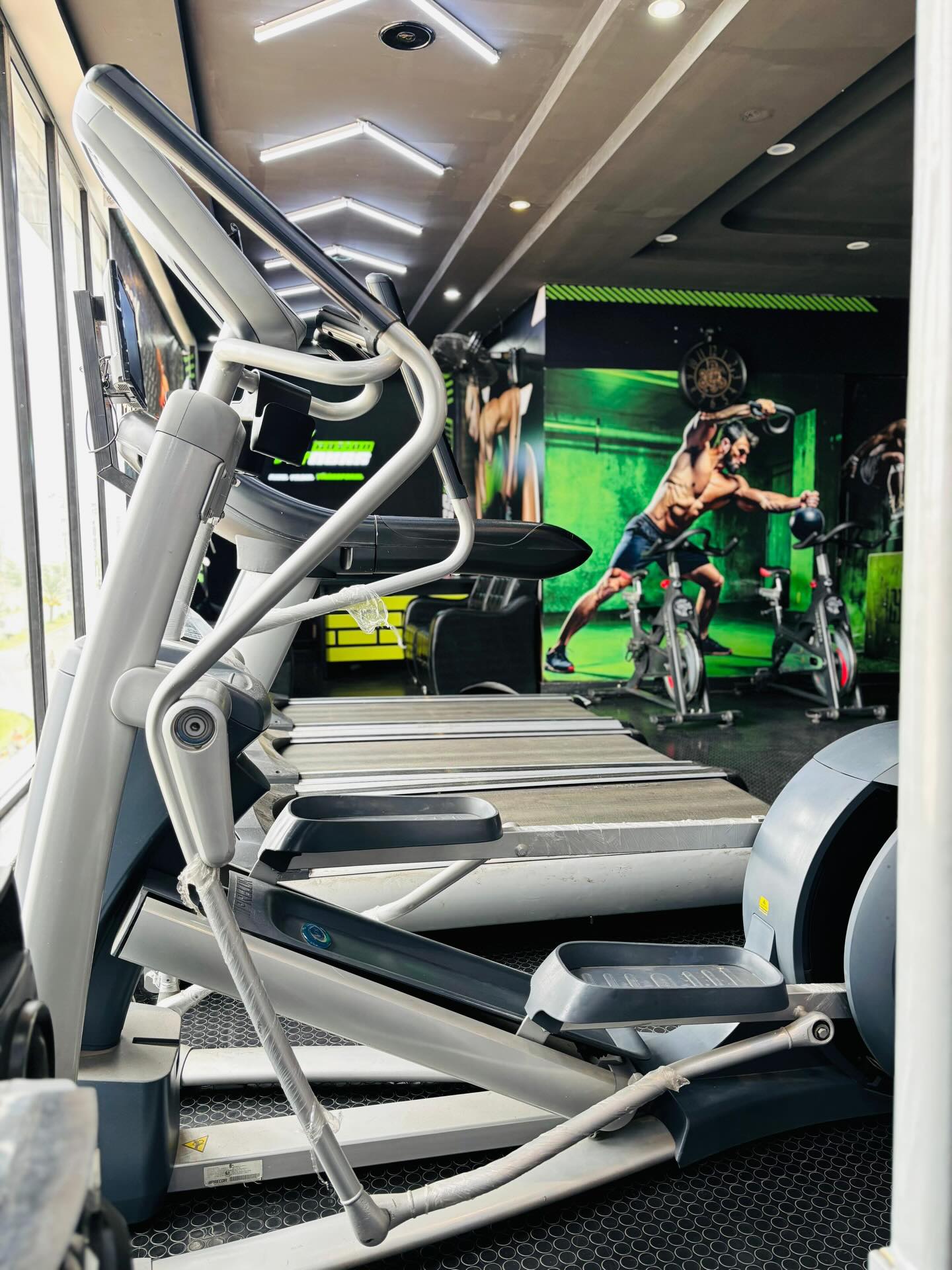 Row of treadmills and ellipticals beside the spin bikes and floor-to-ceiling windows